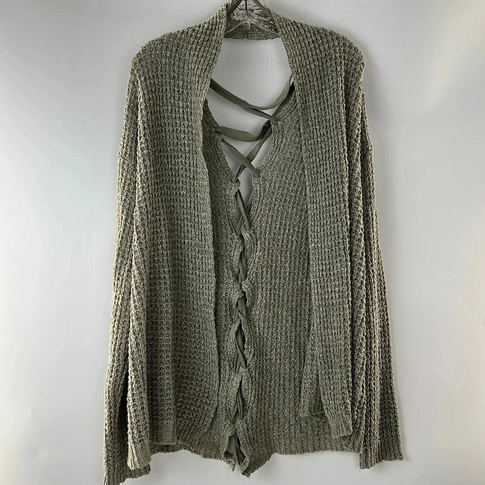 Knox Rose Open Front Knit Lace Up Back Boho Slouchy Cardigan Sweater Green  XL